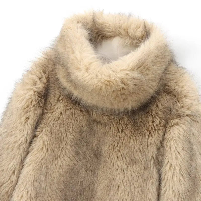 Women’s Artificial Fur Effect Hoodie – Soft Vintage Loose Pullover for Autumn