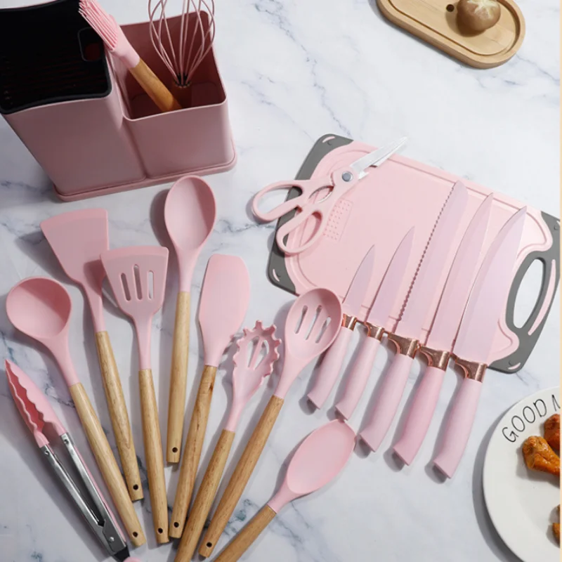 Silicone kitchenware set,19 piece non stick cooking pot with wooden handle spoon,multifunctional integrated knife storage bucket