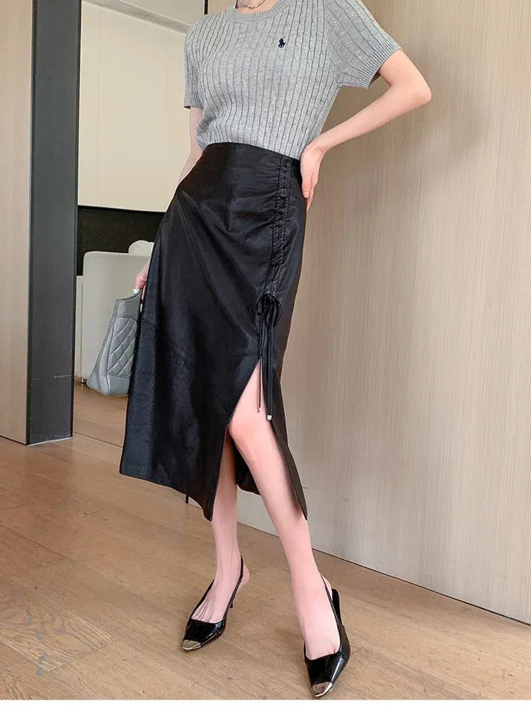Women Long 30inch Real Leather Skirt Euro-American Calf-Length Sheepskin Slim Pencil Skirt With Femme Side Fork Split Saia