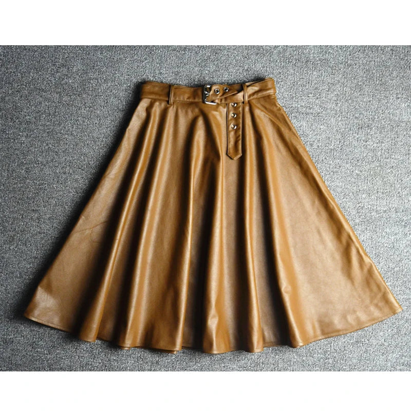 Genuine Sheepskin A-line Skirt Women High Waisted Large Swing Skirt 2024 Fall New Female Brown Short Casual Real Leather Skirt