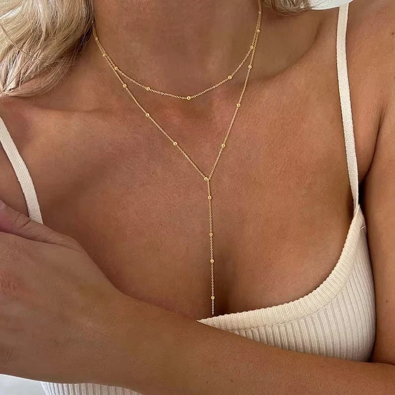 Women's Gold Plated Lariat Necklace — Double Layered Long Chain Drop Pendant Jewelry — view 1 of jewelry