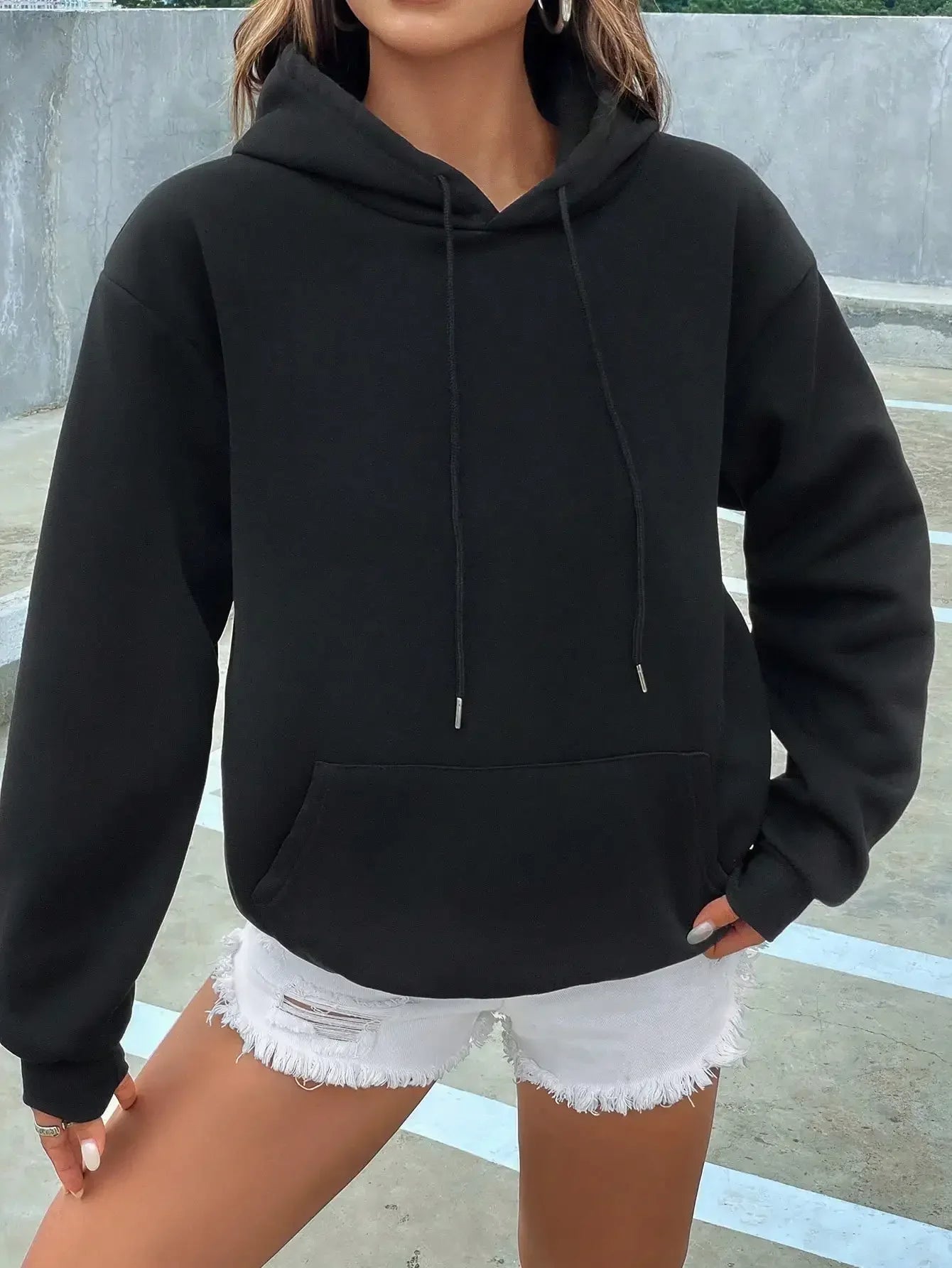 Women’s Solid Color Pocket Sweatshirt – Casual All-Match Creative Hoodie