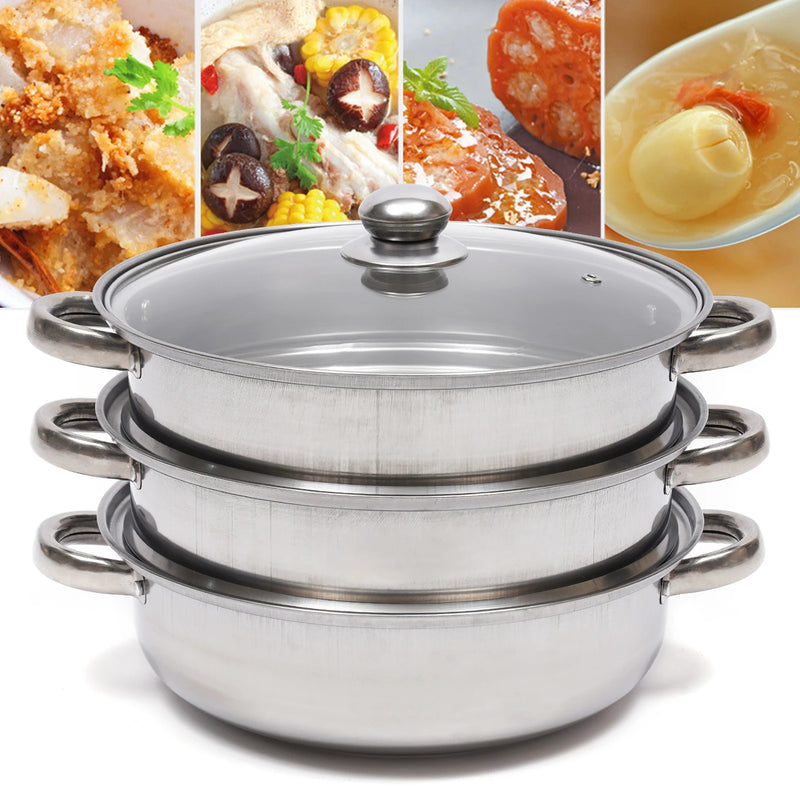 3-Tier 28cm Stainless Steel Steamer Pot Multi-Function Cooking Vegetable Seafood Dim-Sum Steamer with Glass Lid