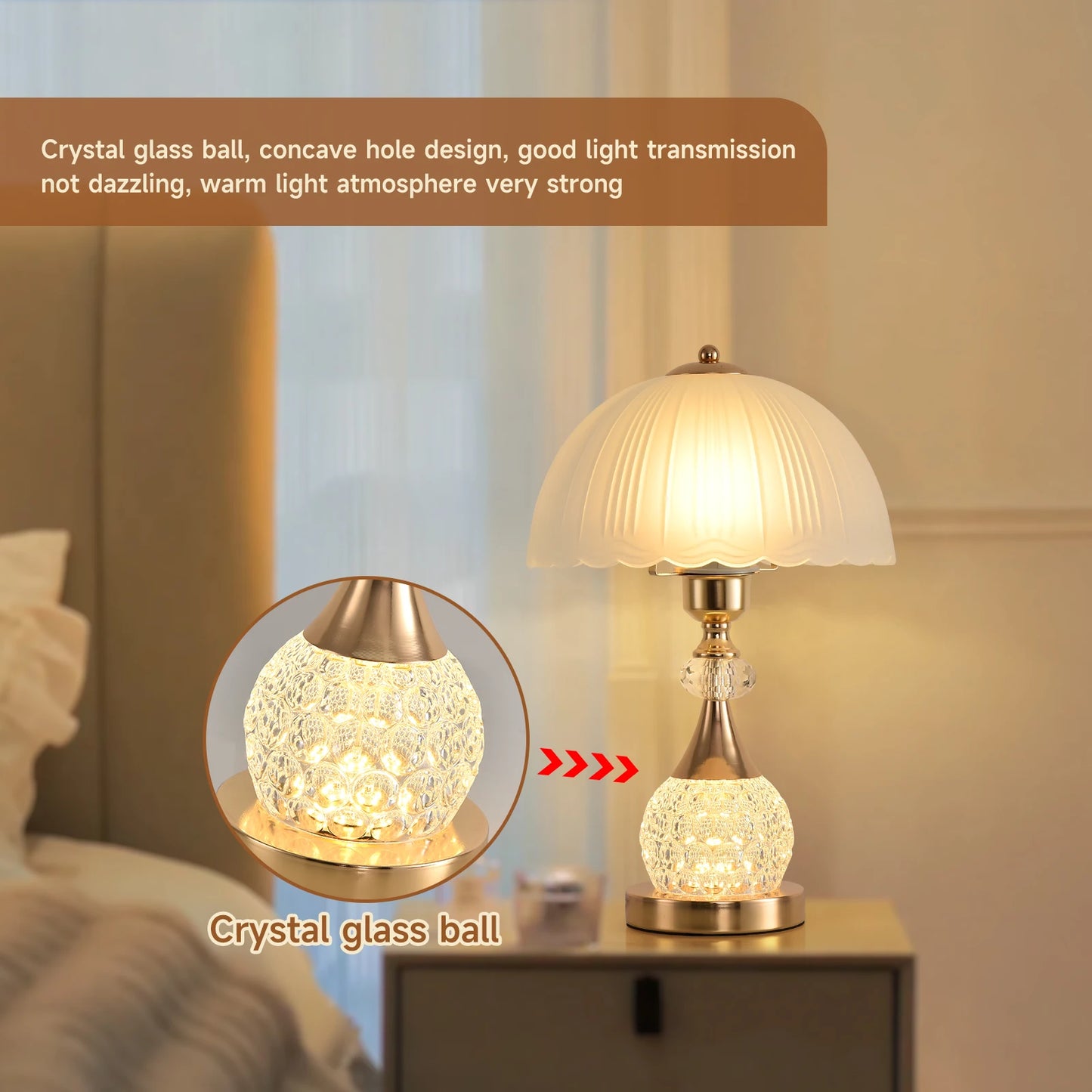 Crystal Petal Bedside Table Lamp — Luxury Dimmable Push-Button Nightstand Light for Bedroom — view 6 of lighting
