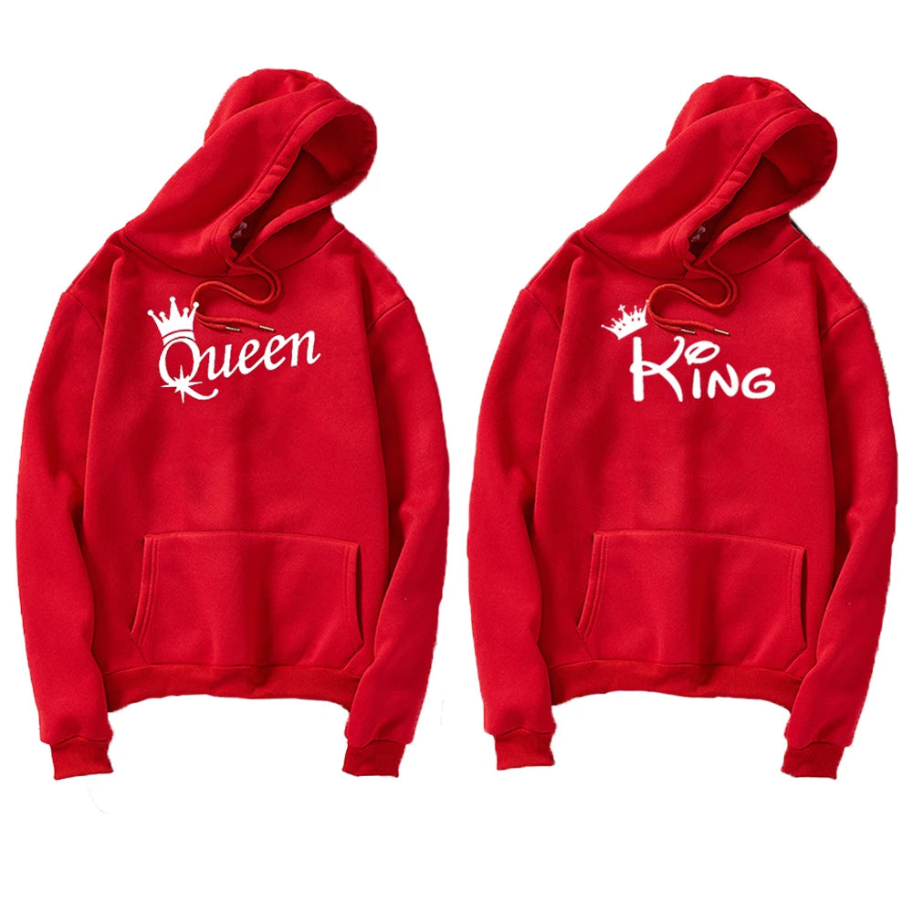 Women's Long Sleeve Hoodies Sweatshirts for Lovers Student Winter Hooded Pullovers KING Queen Crown Print Unisex