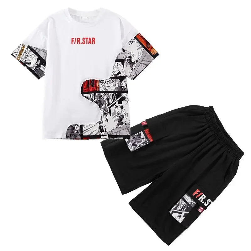 5-16T Boys Streetwear Summer Clothing Set 2023 New Fashion O-neck Print Patchwork 2 Pieces Teenager Clothes Children Outfits