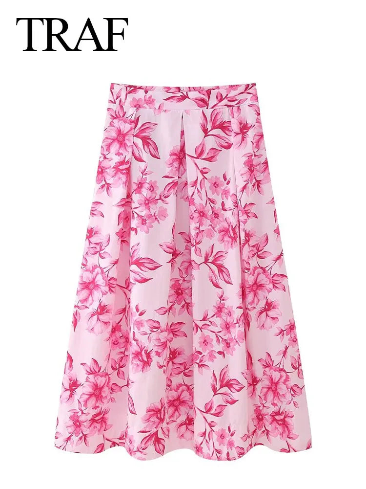 TRAF 2024 Woman Pink Floral Printed Casual Loose Skirt Women Chic A Line High Waist Long Skirt Y2K Streetwear For Beach Holiday