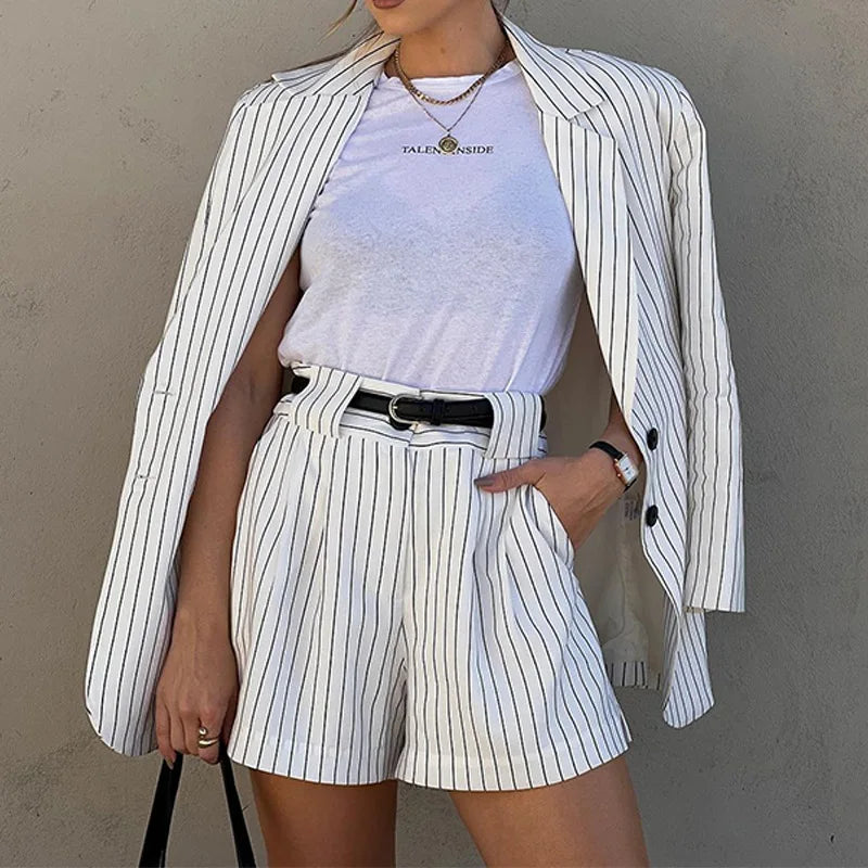 Tesco Women’s Spring/Autumn Striped Pant Suit – 2-Piece Blazer & Shorts Set for Holiday & Party Wear