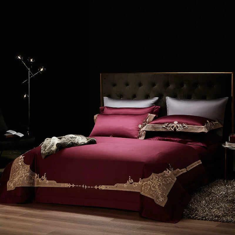 Brand New Wine Red Wedding Bedding Set 100% Cotton Silky Duvet Cover Set Luxury Wedding Birthday Gift Embroidery Quilt Covers