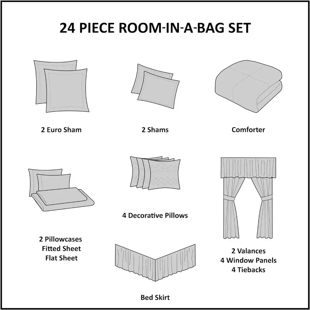 24-Piece Room In A Bag Comforter Set-Satin Jacquard, All Season Luxury Bedding, Sheets, decorative pillows and Curtains, Queen