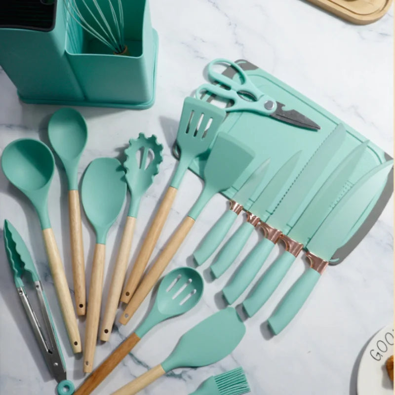 Silicone kitchenware set,19 piece non stick cooking pot with wooden handle spoon,multifunctional integrated knife storage bucket