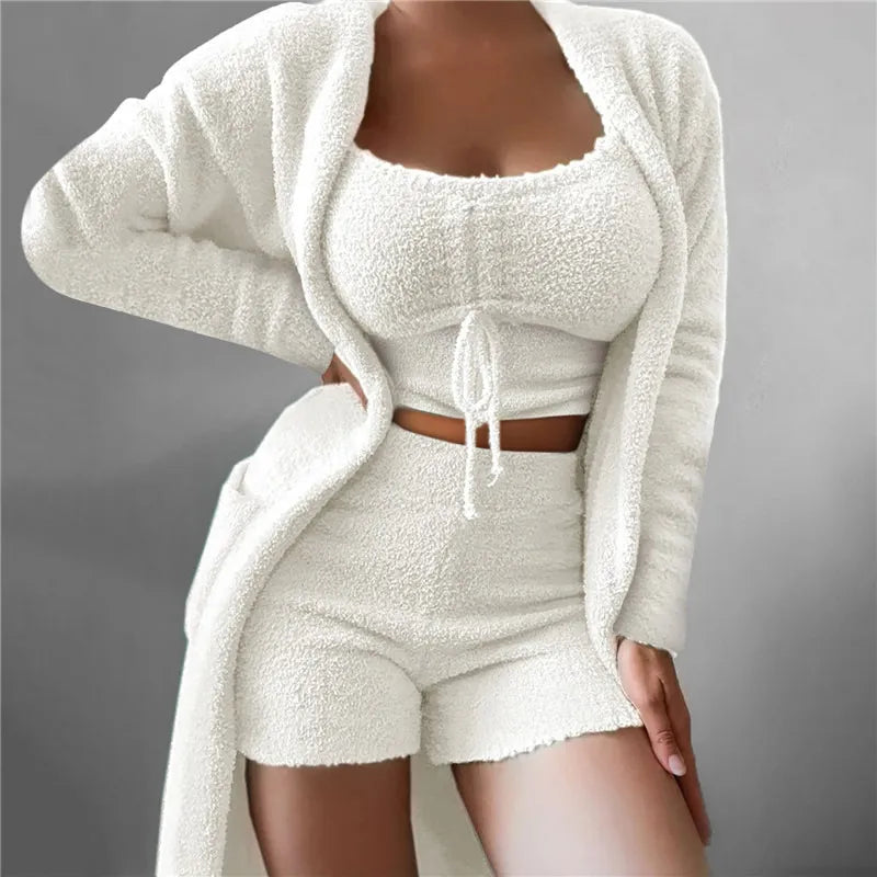 Autumn Winter New Velvet Pajamas 3 Pieces Sets For Womens Warm Soft Fleece Pyjamas Nightgown Sleepwear Homewear