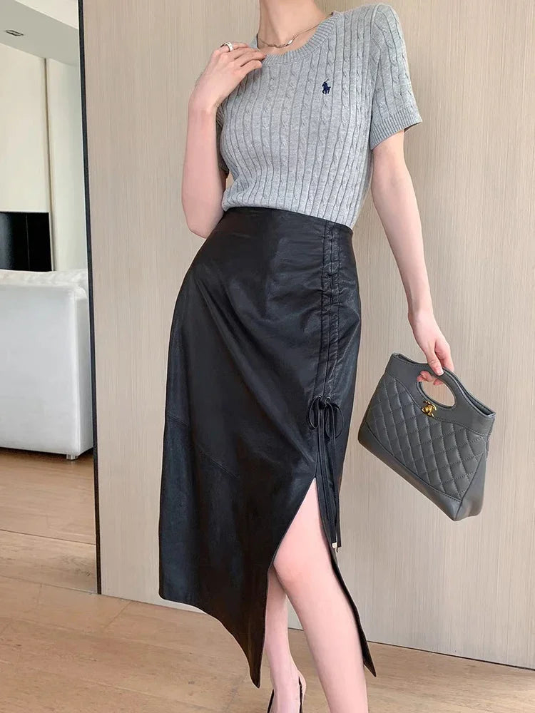Women Long 30inch Real Leather Skirt Euro-American Calf-Length Sheepskin Slim Pencil Skirt With Femme Side Fork Split Saia