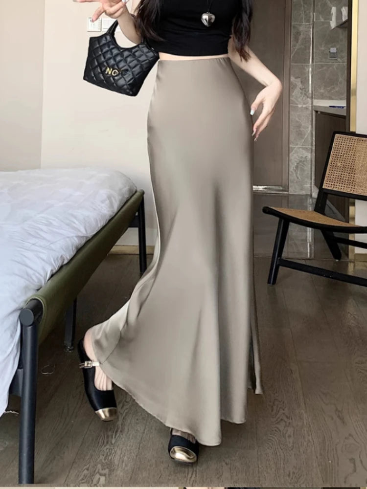 Summer Satin Skirt 2024 Women's Long Skirt Silk High Waisted Slim Fashion Korean Solid Champagne Black Midi