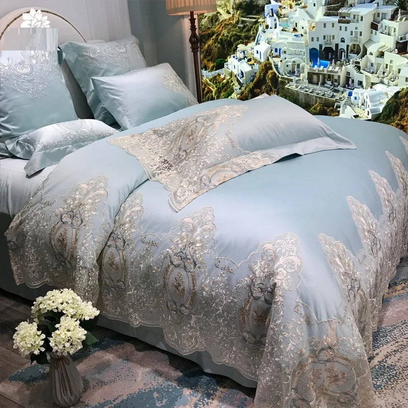 High Precision Brocade Cotton Luxury Princess Wedding lace Bedding Set Bed Sheets High-end Duvet Cover Set for Wedding Gift