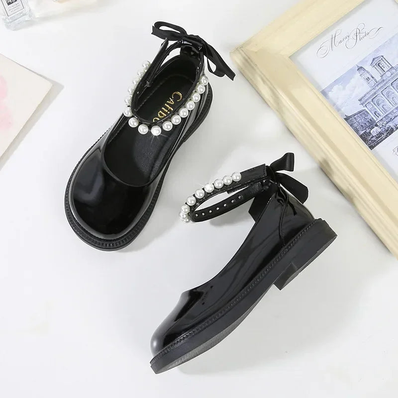New Autumn Girls’ Glossy Black Mary Janes – Princess Leather Shoes with Back Bow & Beading