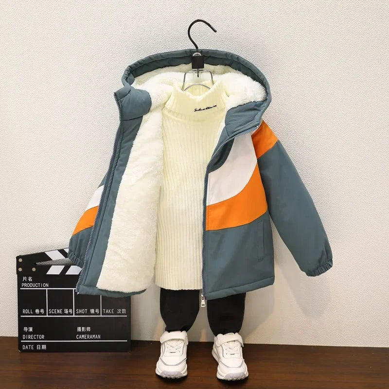 Boys’ Cotton Winter Coat – Plus Velvet Thickened Warm Christmas Overcoat with Zipper