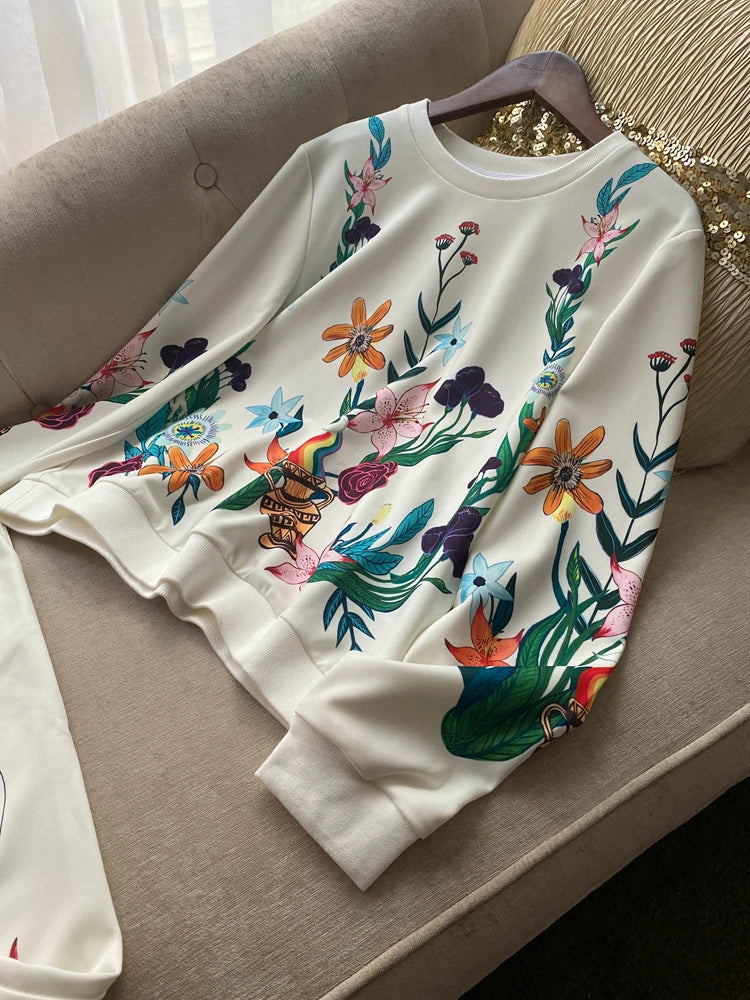 Autumn Vintage Women Floral Printed Two Piece Running Set High Quality Outdoor Sports Suit Sweatshirt Pants Jogging Tracksuit