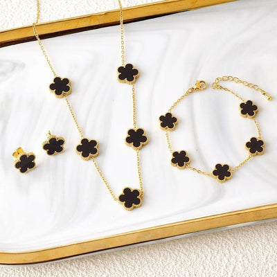 3-Piece 18K Gold-Plated Five-Leaf Flower Jewelry Set Necklace Earrings & Bracelet Clover Pendant Set