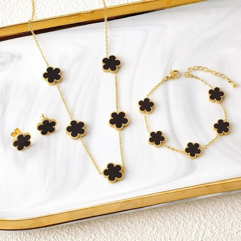 3-Piece 18K Gold-Plated Five-Leaf Flower Jewelry Set Necklace Earrings & Bracelet Clover Pendant Set