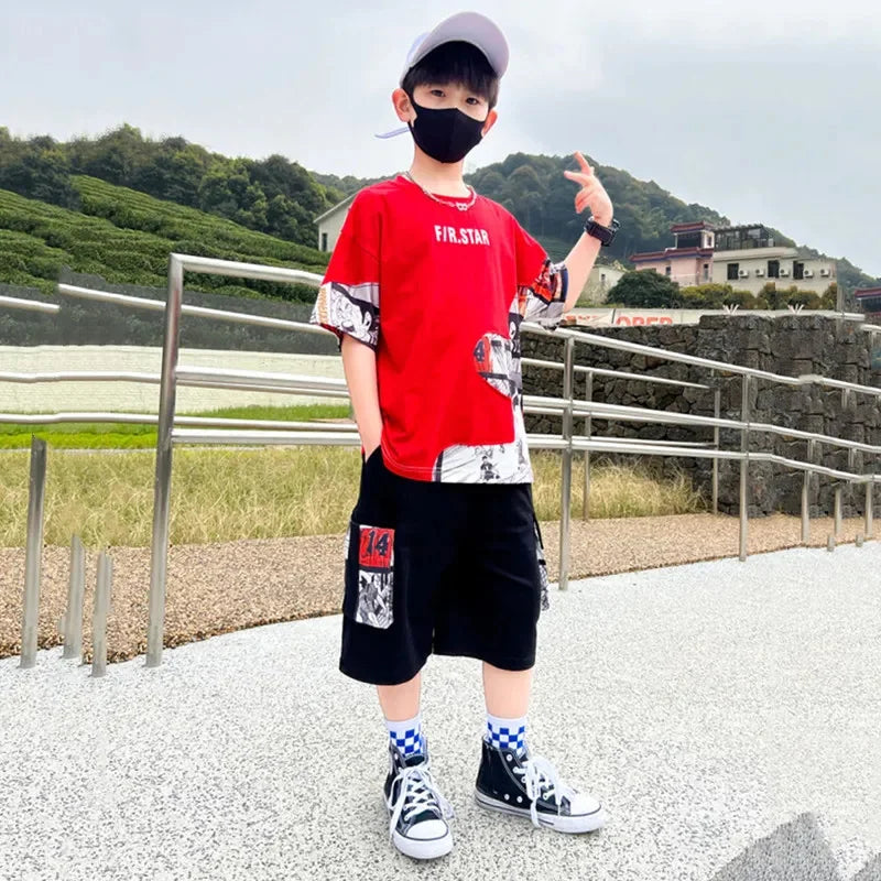 5-16T Boys Streetwear Summer Clothing Set 2023 New Fashion O-neck Print Patchwork 2 Pieces Teenager Clothes Children Outfits