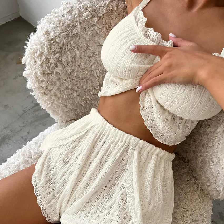 hirigin Lace Patchwork Women'S Pajamas Sets Hollow Out Crop Top Sleepwear Sexy Spaghetti Strap