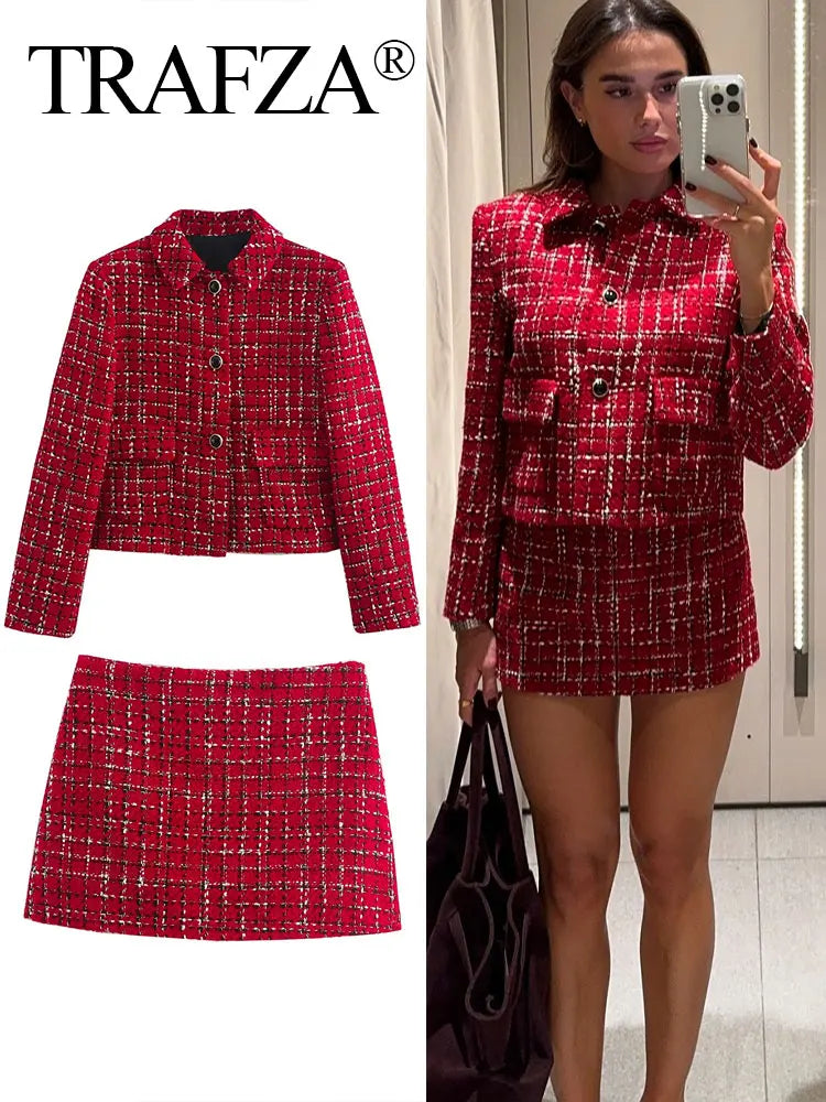 TRAFZA Women’s Red Knit Skirt Suit – Textured Lapel Jacket & High-Waist Side-Zip Culottes Set
