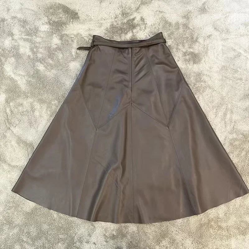 A-Line Sheepskin Leather Midi Skirt – Winter Stylish European Design with Belt