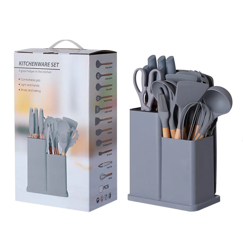 Silicone Kitchenware Set of 19 Kitchenware Tools Storage Barrel Stainless Steel Handle Knife Set Kitchen Knife Set