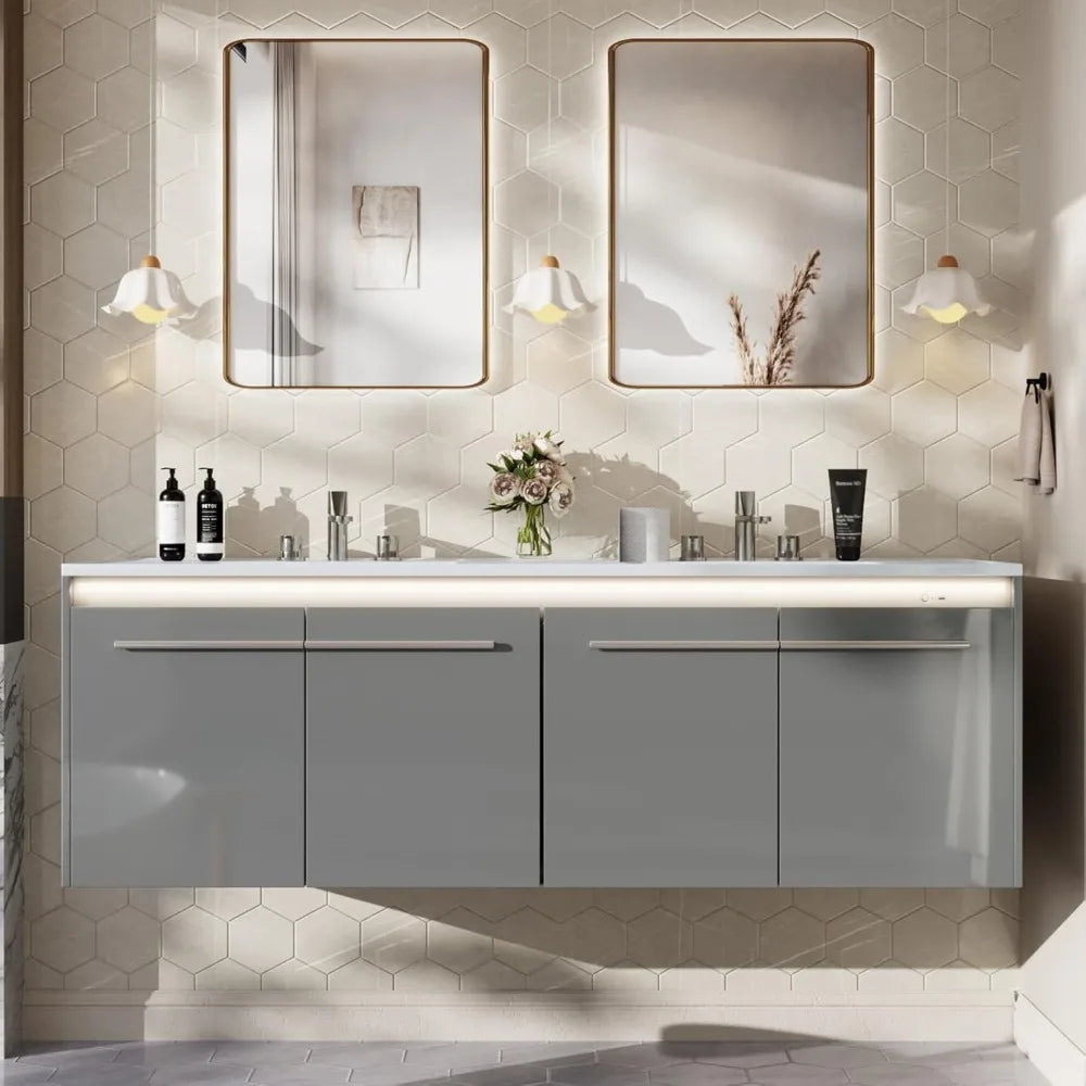 60" Floating Bathroom Vanity with Sink – Wall-Mounted Storage Cabinet with Soft-Close Doors