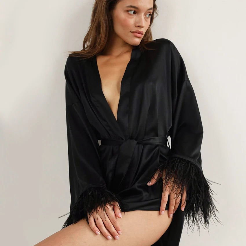Feather Bathrobes Satin Sexy Mini Dress Long Sleeve Loose Peignoirs For Women Robe White Wedding