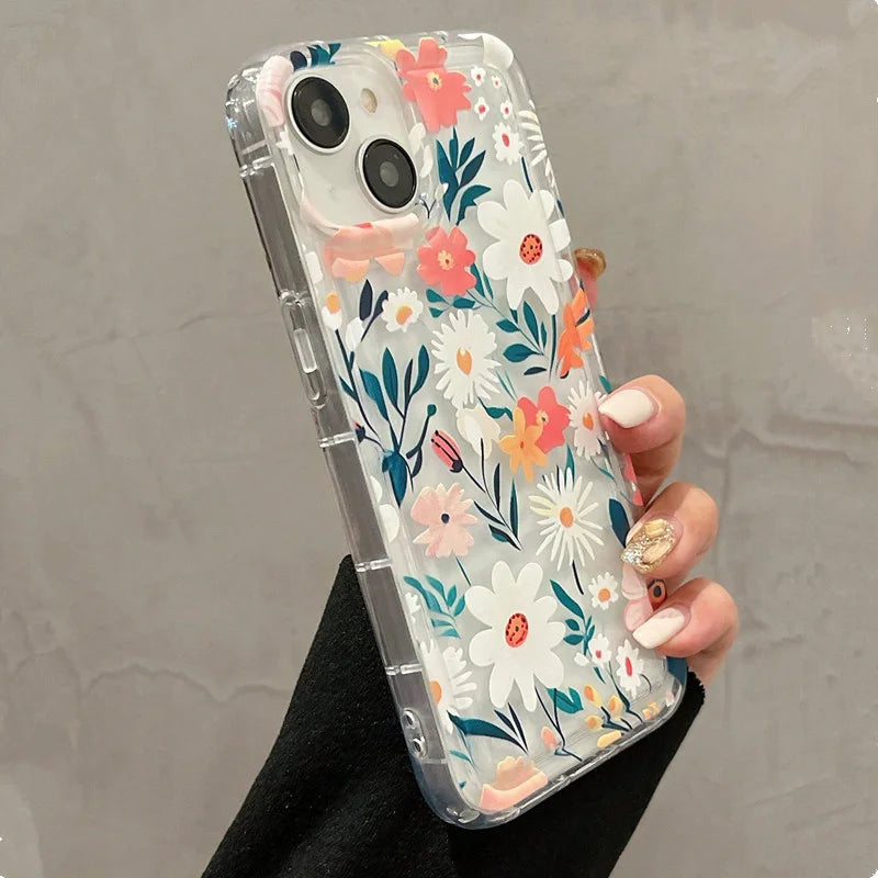 Summer Colorful Flower Clear Phone Case For iPhone 14 13 11 12 15 Pro Max SE2 7 8 Plus XR X XS Max Anti-Fall Protection Cover