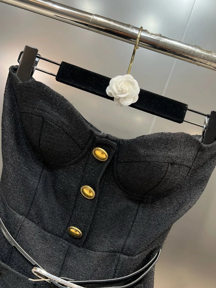 Sexy Spice Girls-Inspired Black Woven 2-Piece Suit – Blazer Coat + Bra Bodysuit Shorts with Belt (Autumn Edition)