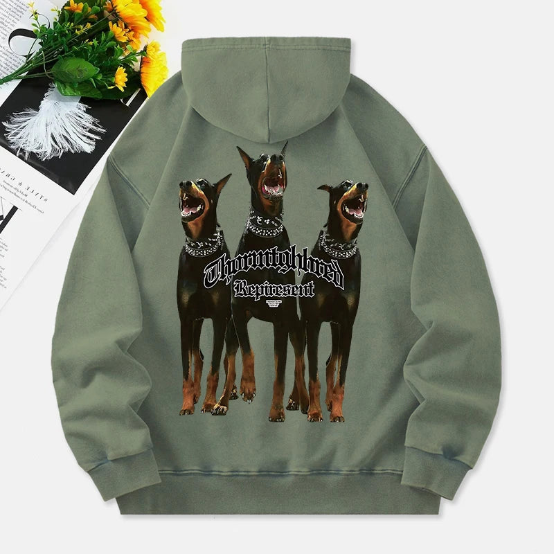 Doberman Pinscher Washed Hoodies Women 3 Dogs Printing Cotton Streetwear Oversize Pocket Warm Pullovers Winter Womans Clothes