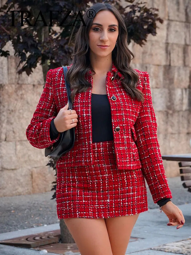 TRAFZA Women’s Red Knit Skirt Suit – Textured Lapel Jacket & High-Waist Side-Zip Culottes Set