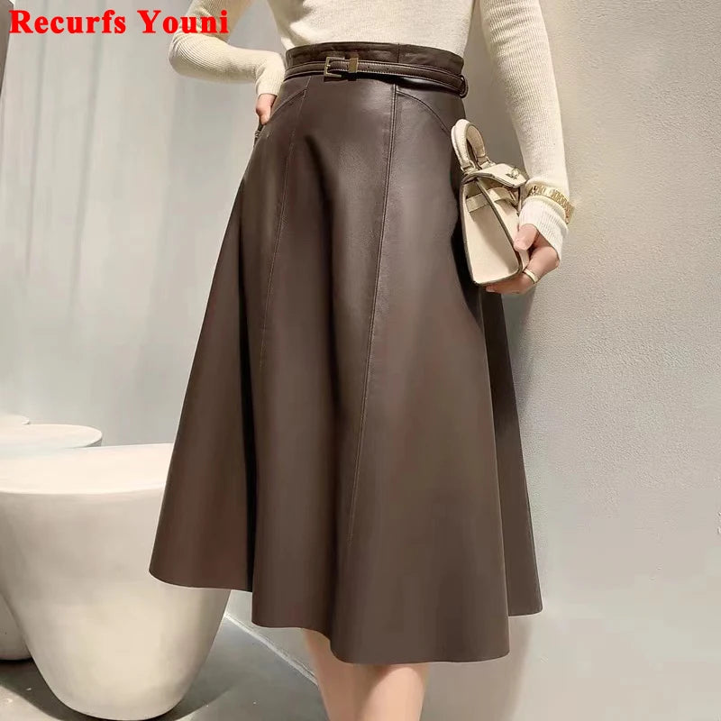 A-Line Sheepskin Leather Midi Skirt – Winter Stylish European Design with Belt