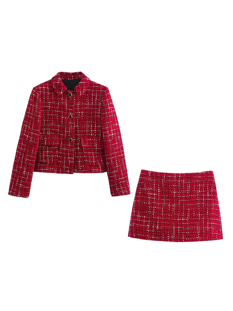 TRAFZA Women’s Red Knit Skirt Suit – Textured Lapel Jacket & High-Waist Side-Zip Culottes Set