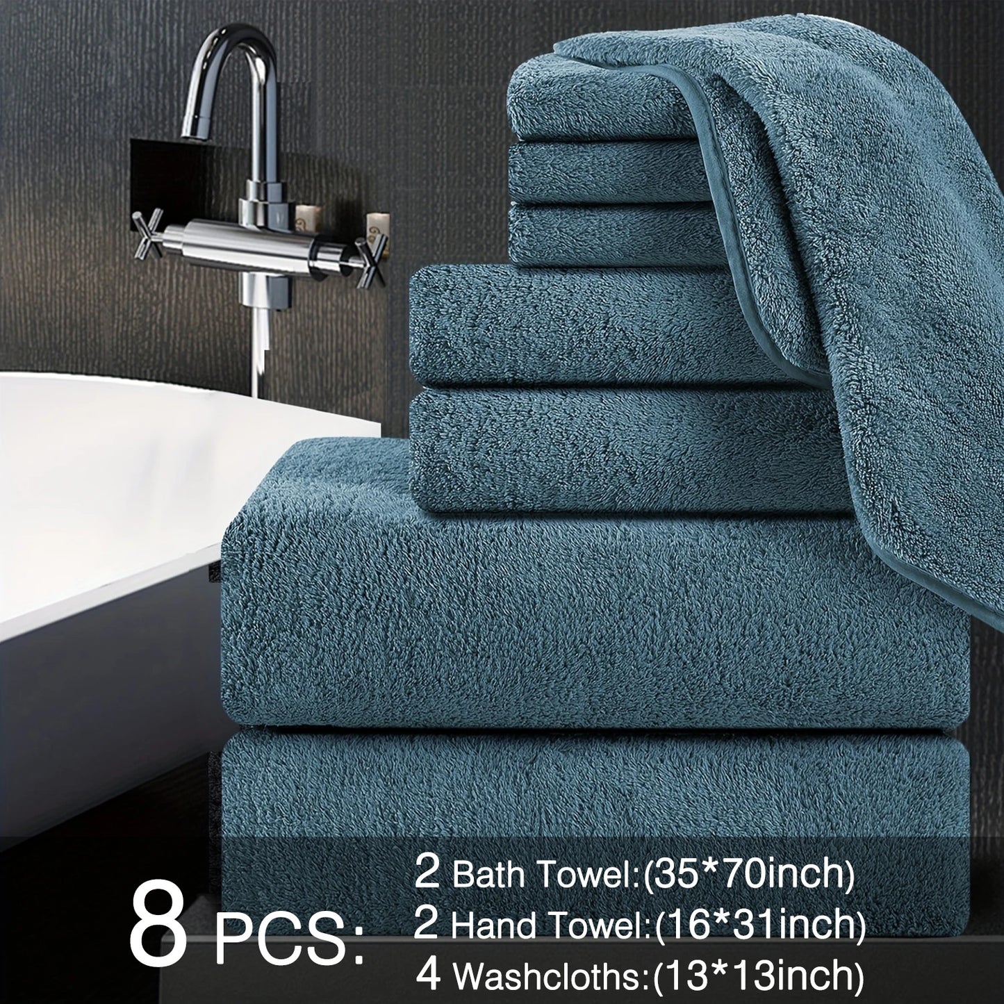 Bath Towels Oversized 8-Piece Set — 35×70" 2 Bath Sheets + 4 Hand Towels + 4 Washcloths Quick-Dry