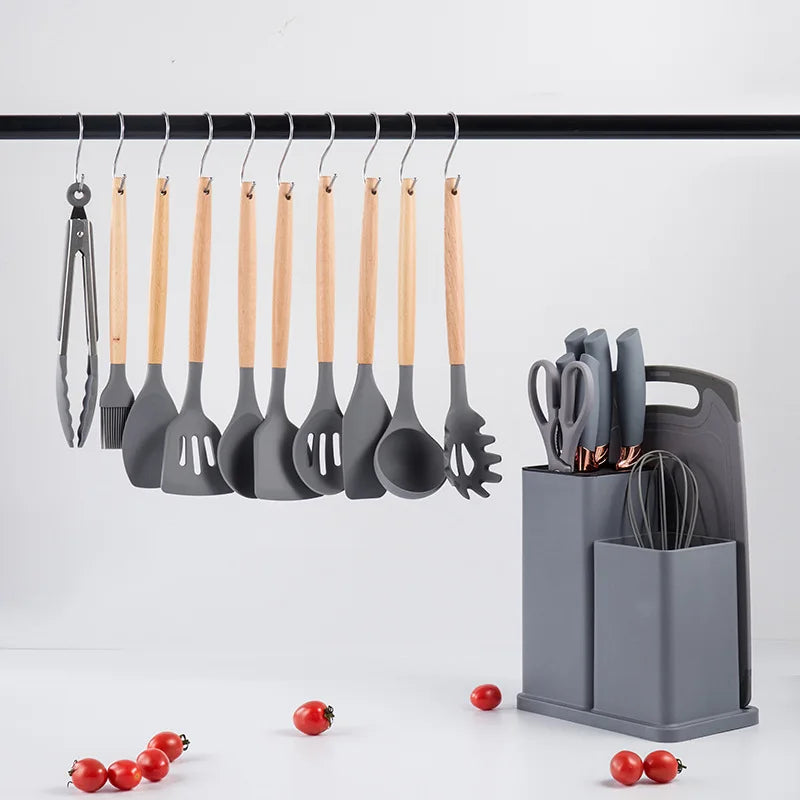 Silicone Kitchenware Set of 19 Kitchenware Tools Storage Barrel Stainless Steel Handle Knife Set Kitchen Knife Set