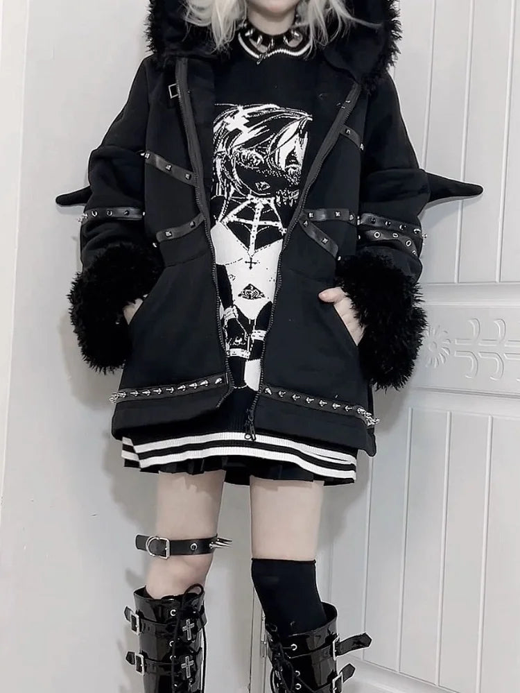 Vintage Gothic Rivet Patchwork Jacket – Women's Punk Grunge Demon Wing Hoodie Coat
