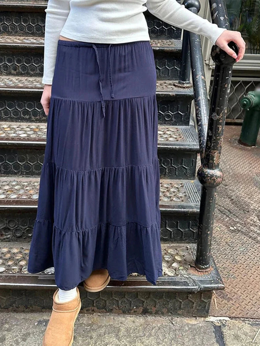 Y2K Fairycore Grunge Pleated Long Skirts 2024 Fashion Ladies Sweet Soft Cotton