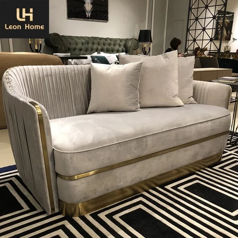 Luxury Italian Velvet Sofa Set – High-End 3-Seater with Gold Accents