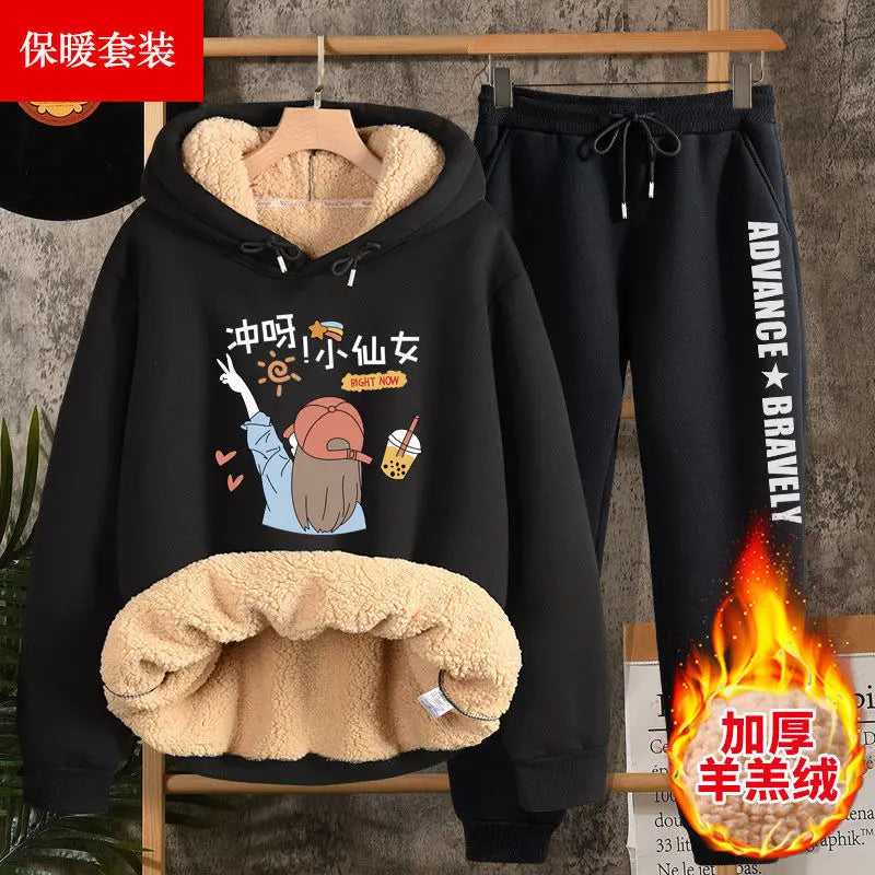 Women’s Autumn/Winter Thick Lamb Velvet Hoodie Suit – 2-Piece Harajuku Sweatshirt & Pants Set