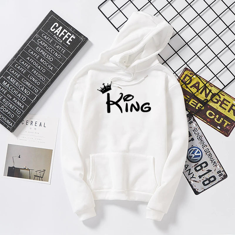 Women's Long Sleeve Hoodies Sweatshirts for Lovers Student Winter Hooded Pullovers KING Queen Crown Print Unisex
