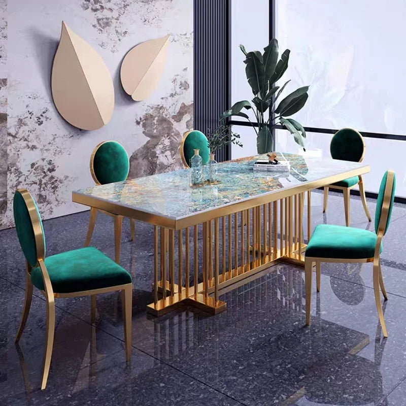 SENTEWO Free Shipping Italian Luxury Rock Slab Dining Table Set 4 Chairs Golden Frame Dinner Tables With Chair Kitchen Furniture