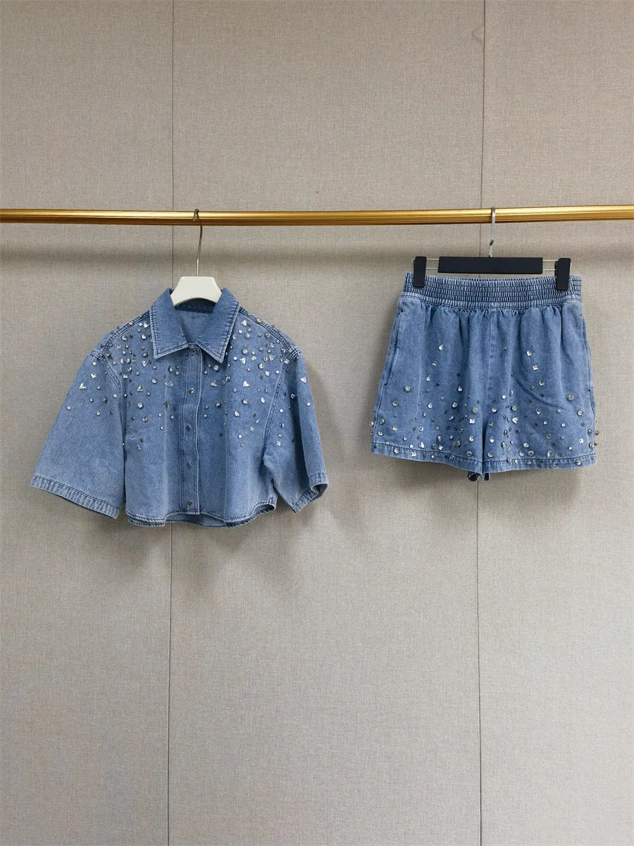 2025 Women’s Diamond-Embellished Denim Set – Turn-Down Collar Shirt & High-Waist Shorts