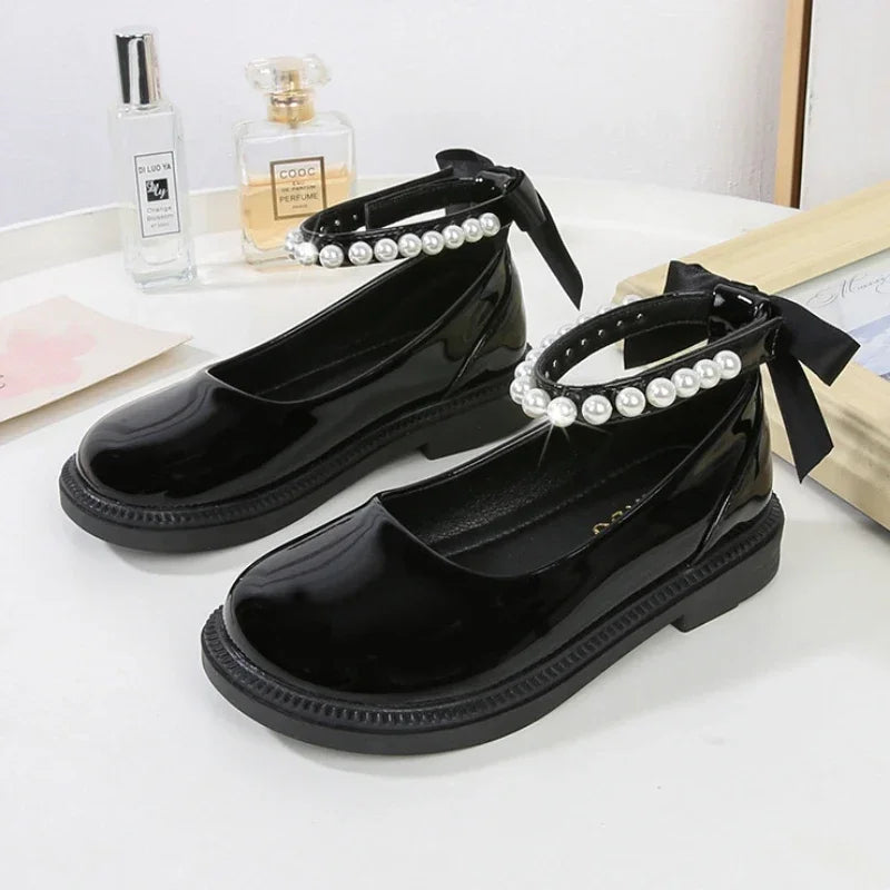 New Autumn Girls’ Glossy Black Mary Janes – Princess Leather Shoes with Back Bow & Beading
