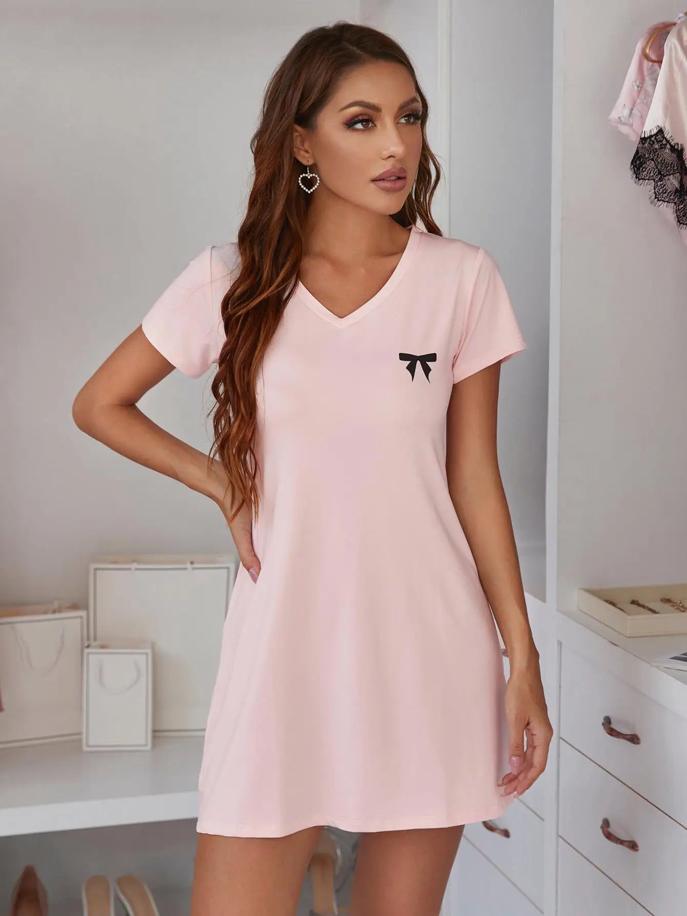 Summer V Neck Sexy Women Sleep Dess Bow Print Sleepwear Nightdress