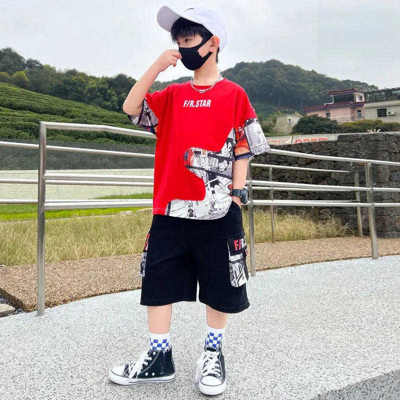 5-16T Boys Streetwear Summer Clothing Set 2023 New Fashion O-neck Print Patchwork 2 Pieces Teenager Clothes Children Outfits