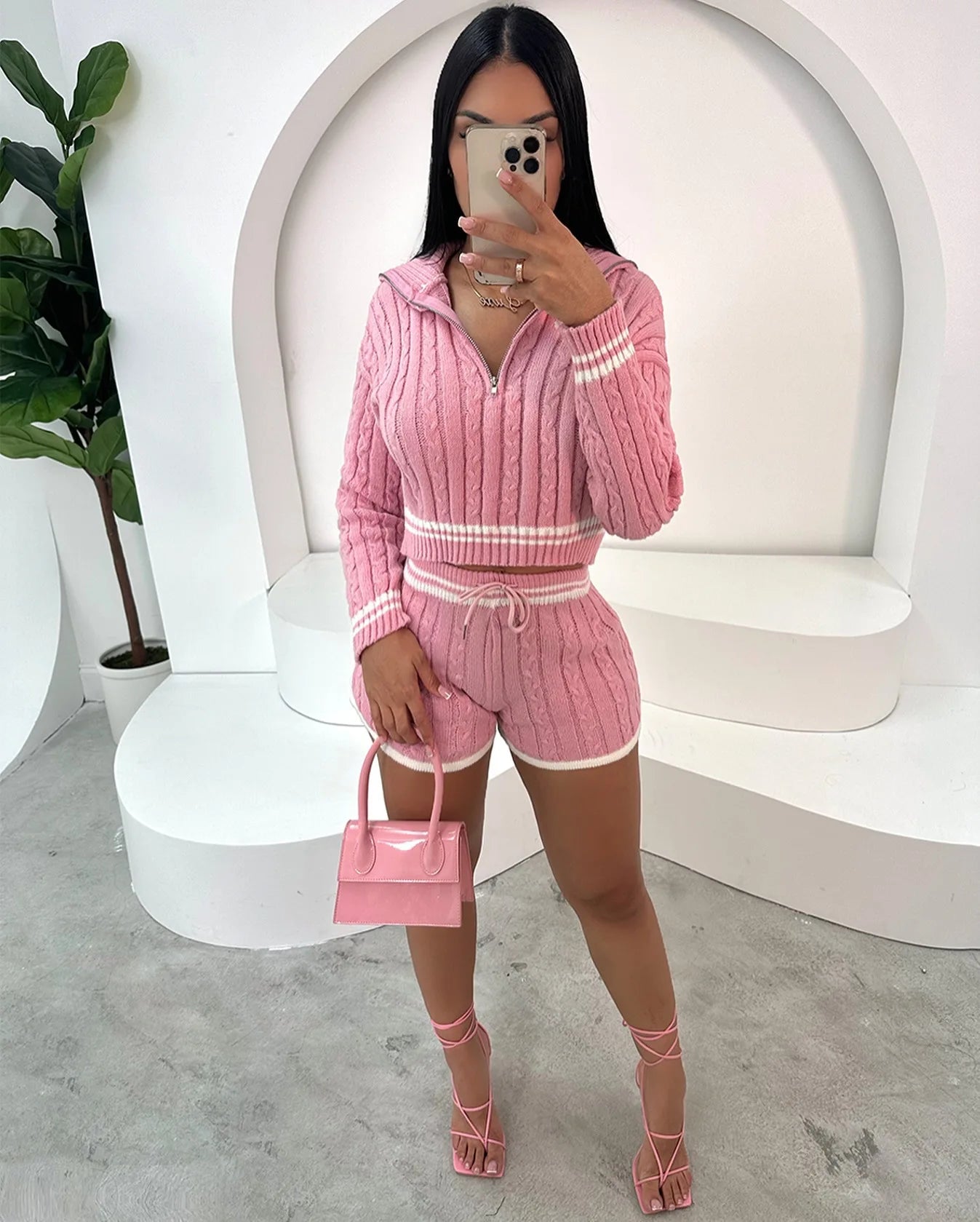5 Sets Women’s Twist Knitting 2-Piece Set – Zipper Pullover Sweater + Drawstring Shorts
